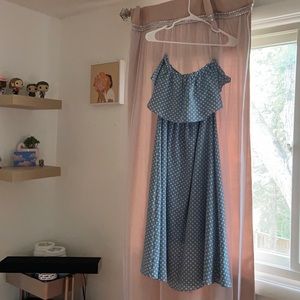 Strapless polka dot midi dress